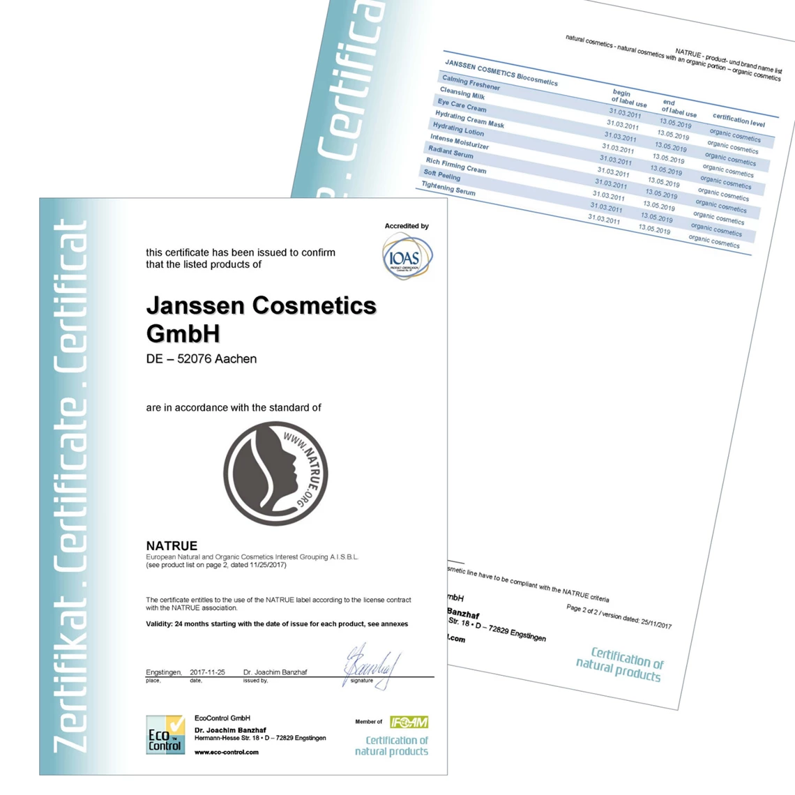 NaTrue Certificate Janssen Cosmetics 2017