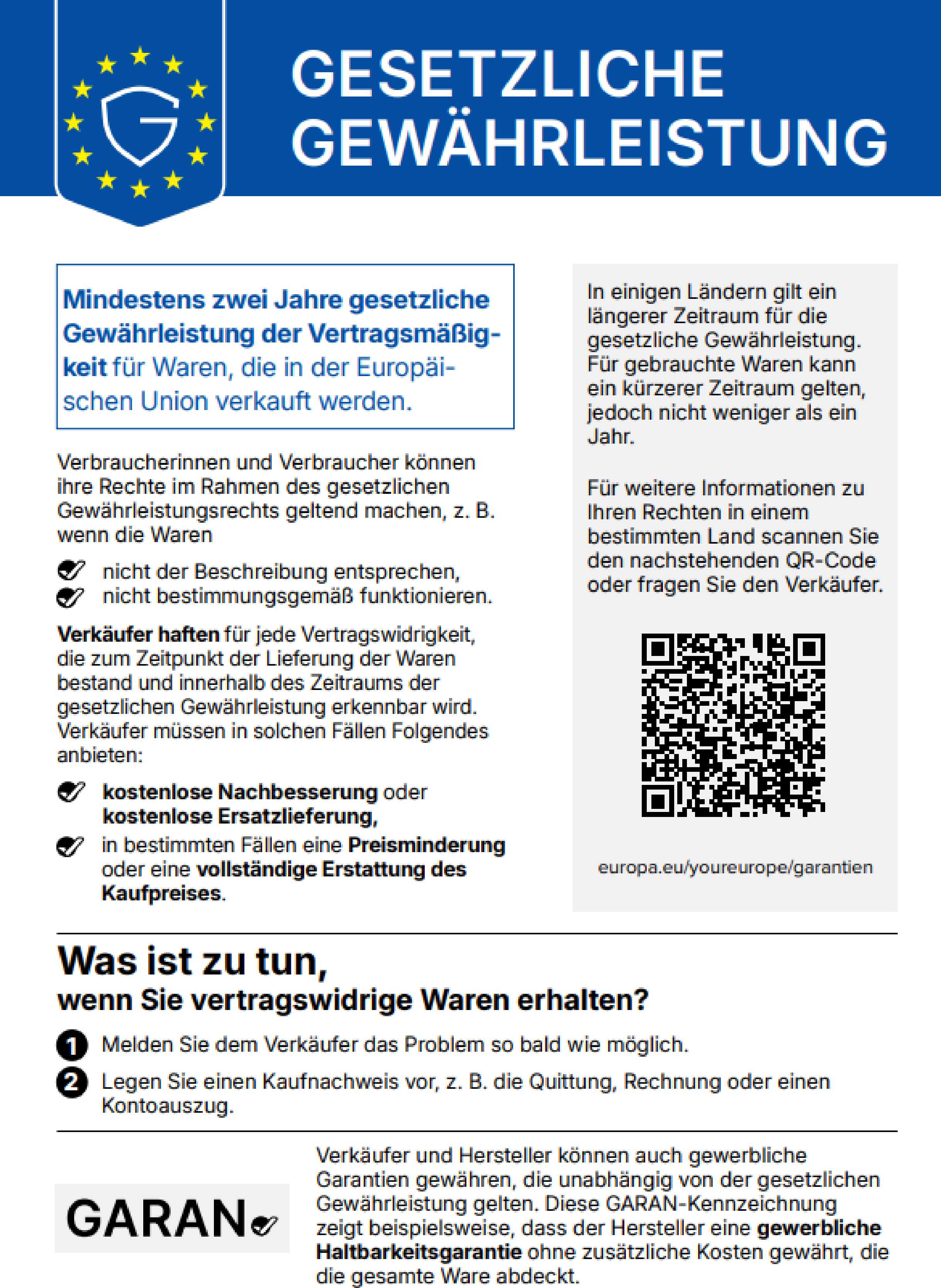 Harmonisierte EU Mitteilung über das gesetzliche Gewährleistungsrecht