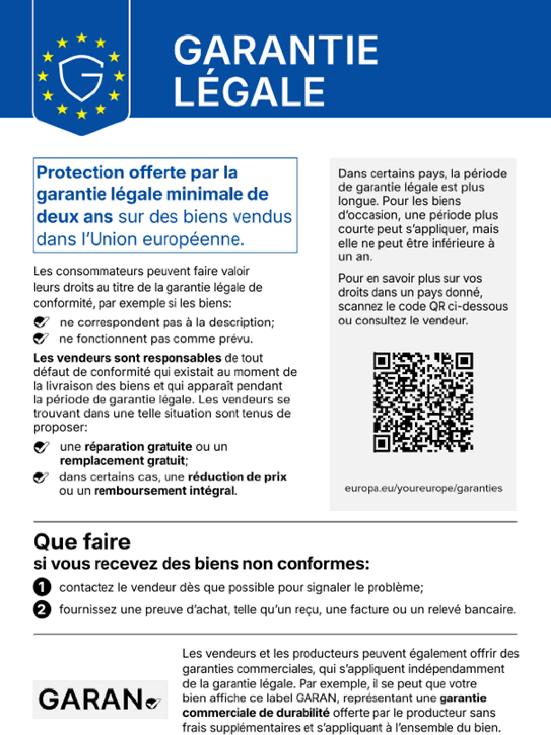 Avis harmonisé de l'Union européenne concernant la garantie légale